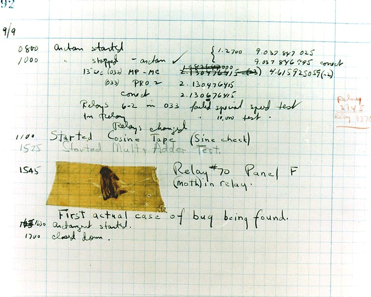 Log book with entry memorializing Grace Murray Hopper's discovery of a "bug" (moth) in the Harvard Mark II Aiken Relay Calculator (Computer)